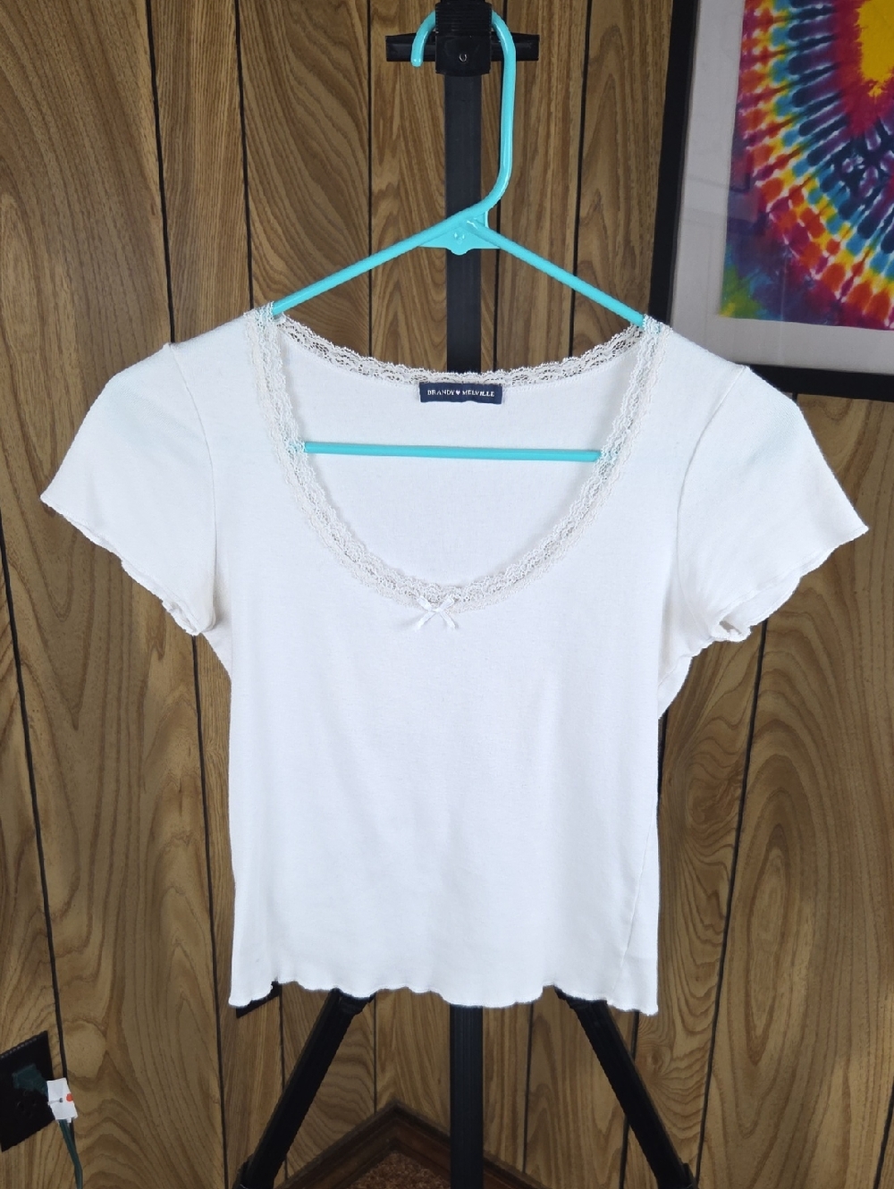 Brandy Melville White Short-Sleeve Tee with Lace Trim
